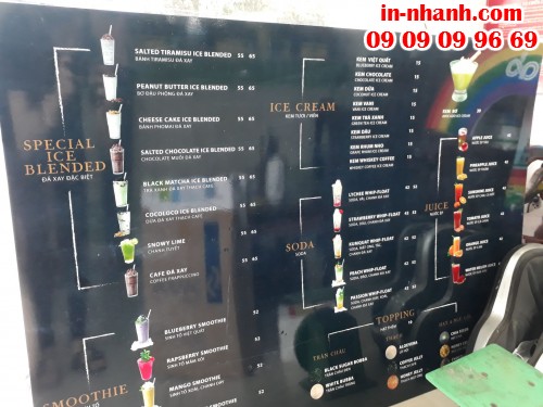 Địa chỉ in menu quán cafe treo tường